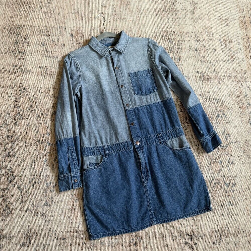 Current Elliott Two Tone Denim Shirt Dress Light Mid Wash Size 2 Mini Skirt - Picture 6 of 16